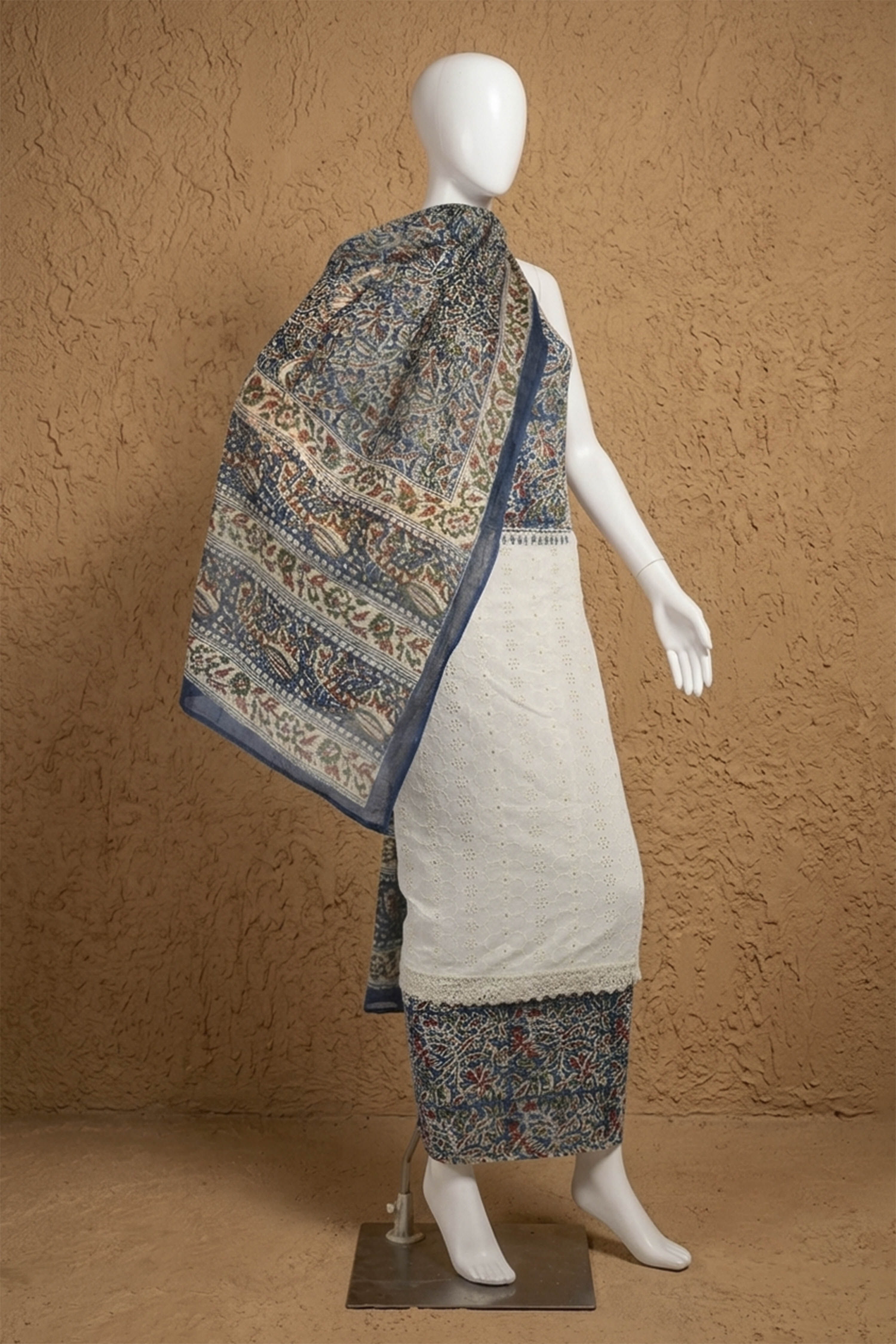 Blue Cotton Printed Unstitched Suit Set image number 4