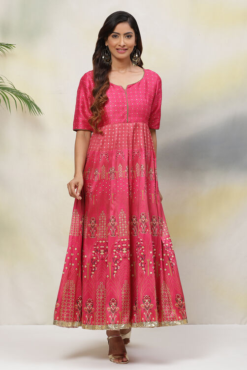 Fuchsia Anarkali Art Silk Printed Kurta image number 2
