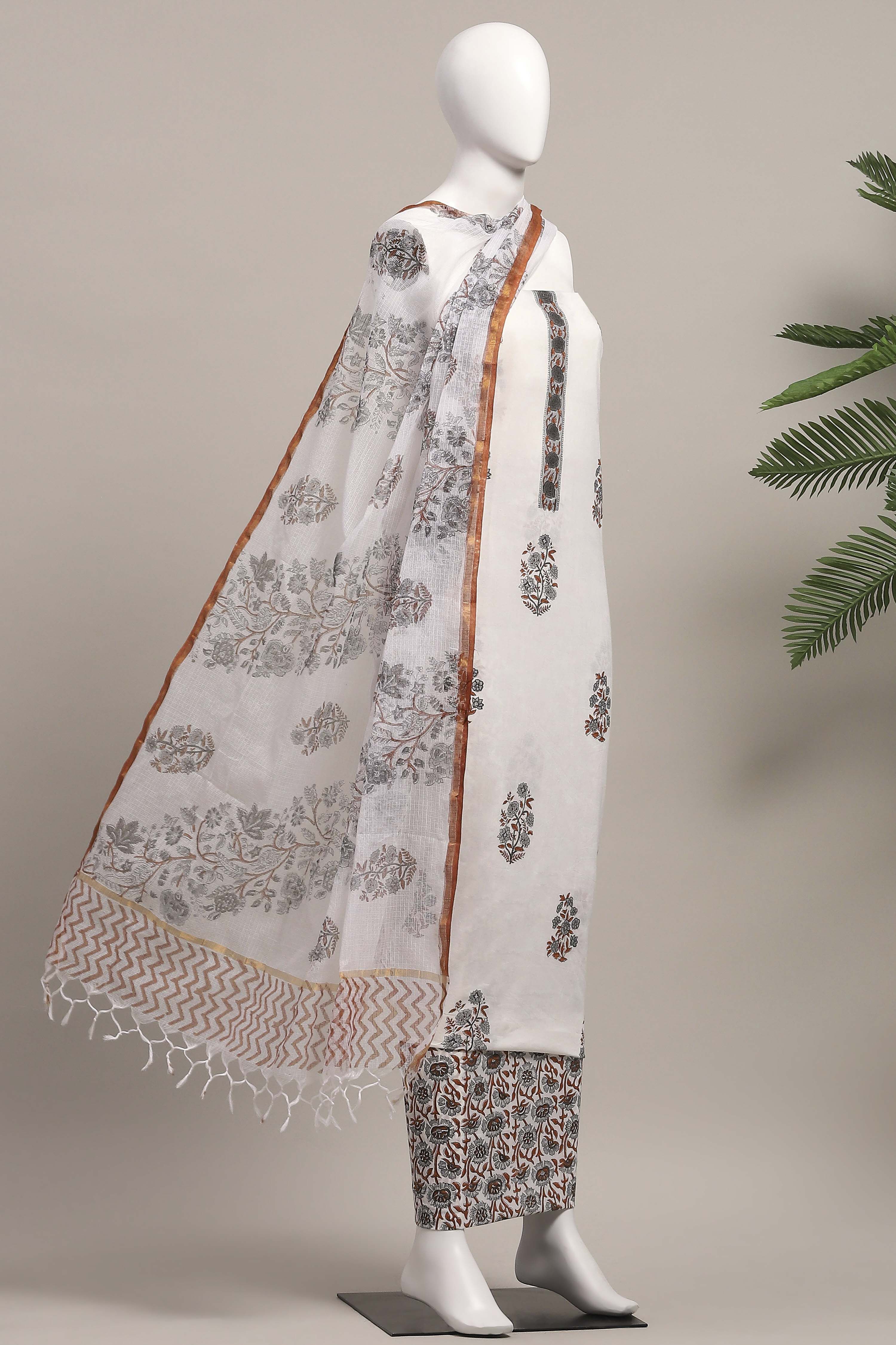 Grey Cotton Hand Block Print Unstitched Suit Set image number 4