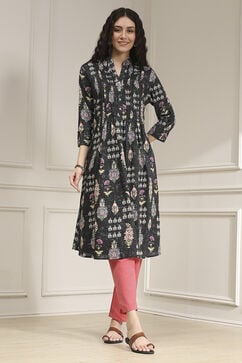 Black Cotton Printed A-Line Kurta image number 5