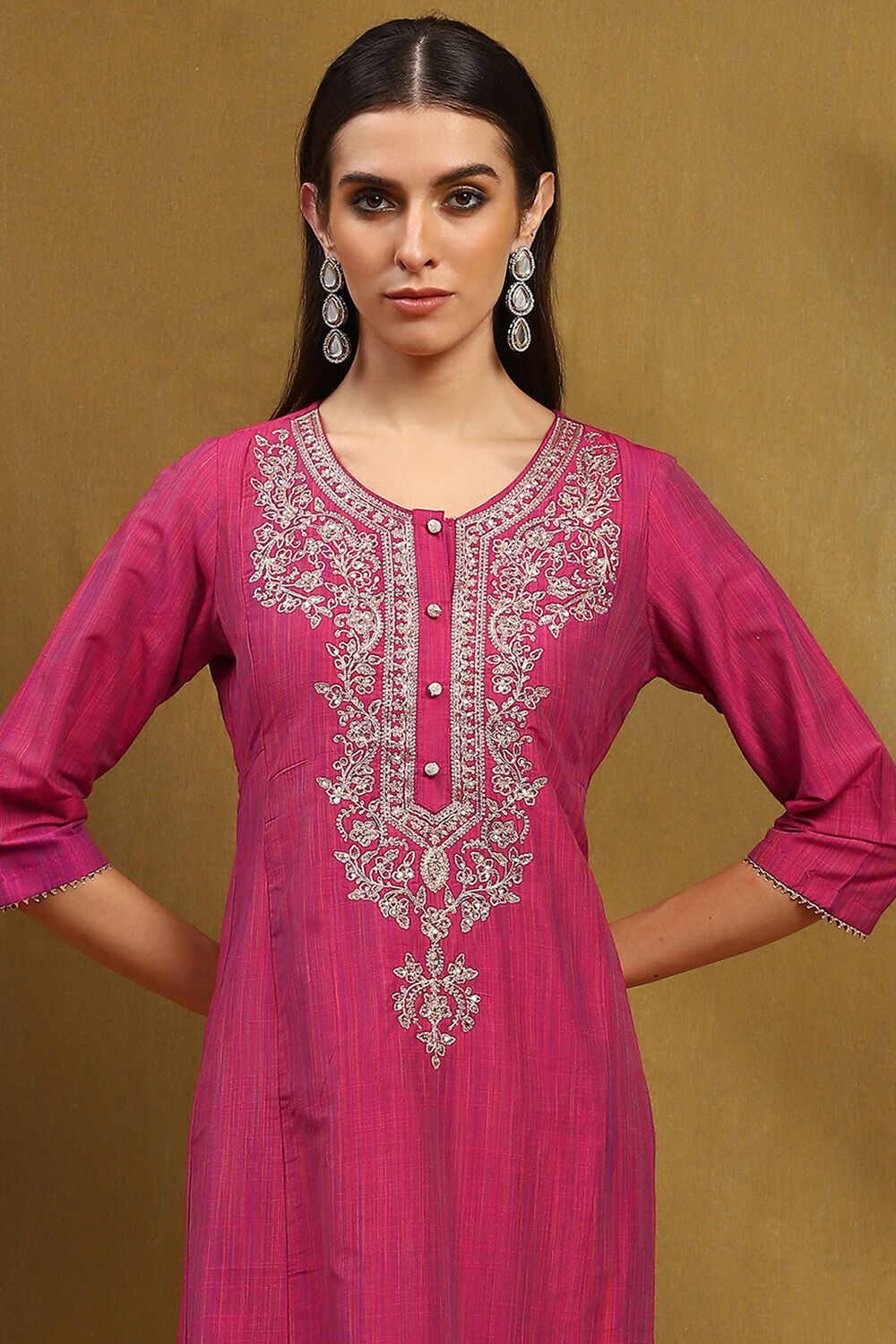 Pink Cotton Embroidered Kalidar Suit Set image number 1