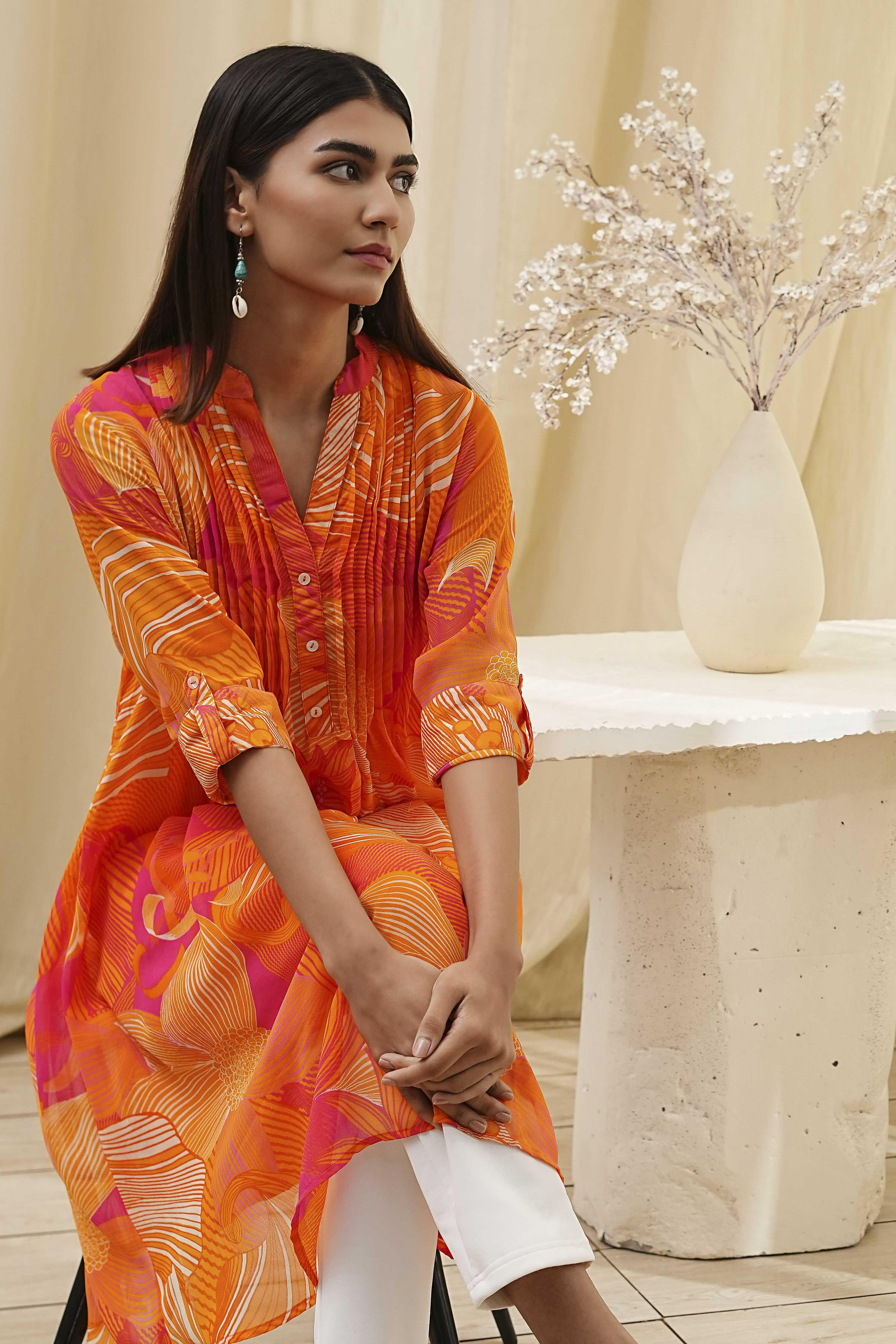 Blue Printed Pleated A-Line Kurta image number 0