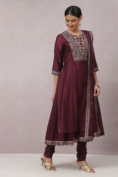 Wine Cotton Silk Flared Kurta Churidar Suit Set image number 7