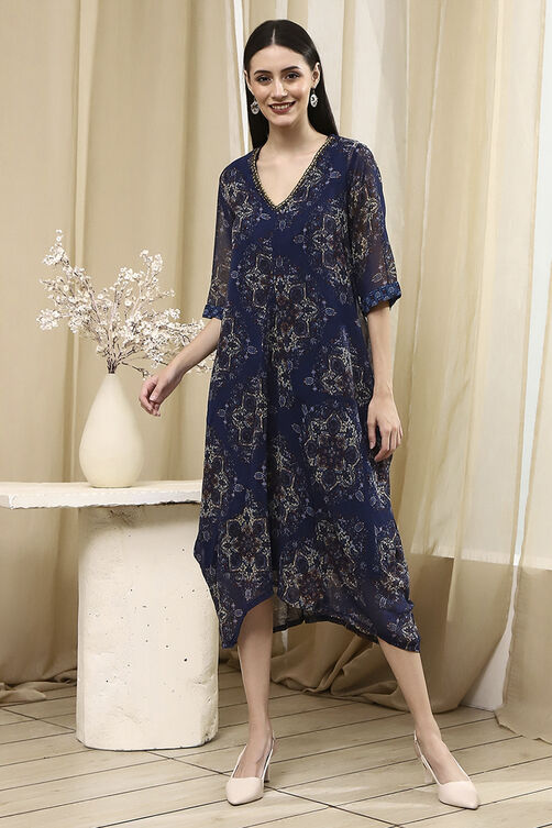 Blue Georgette Printed Asymmetric Dress image number 5