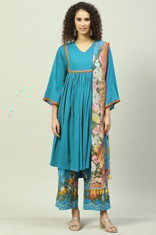 Turquoise Blue Art Silk Gathered Kurta Palazzo Suit Set image number 7