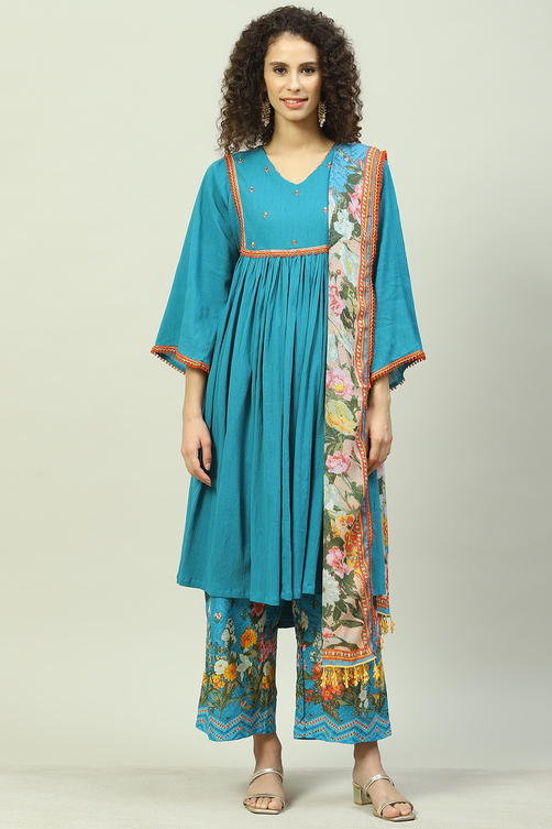 Turquoise Blue Art Silk Gathered Kurta Palazzo Suit Set image number 4