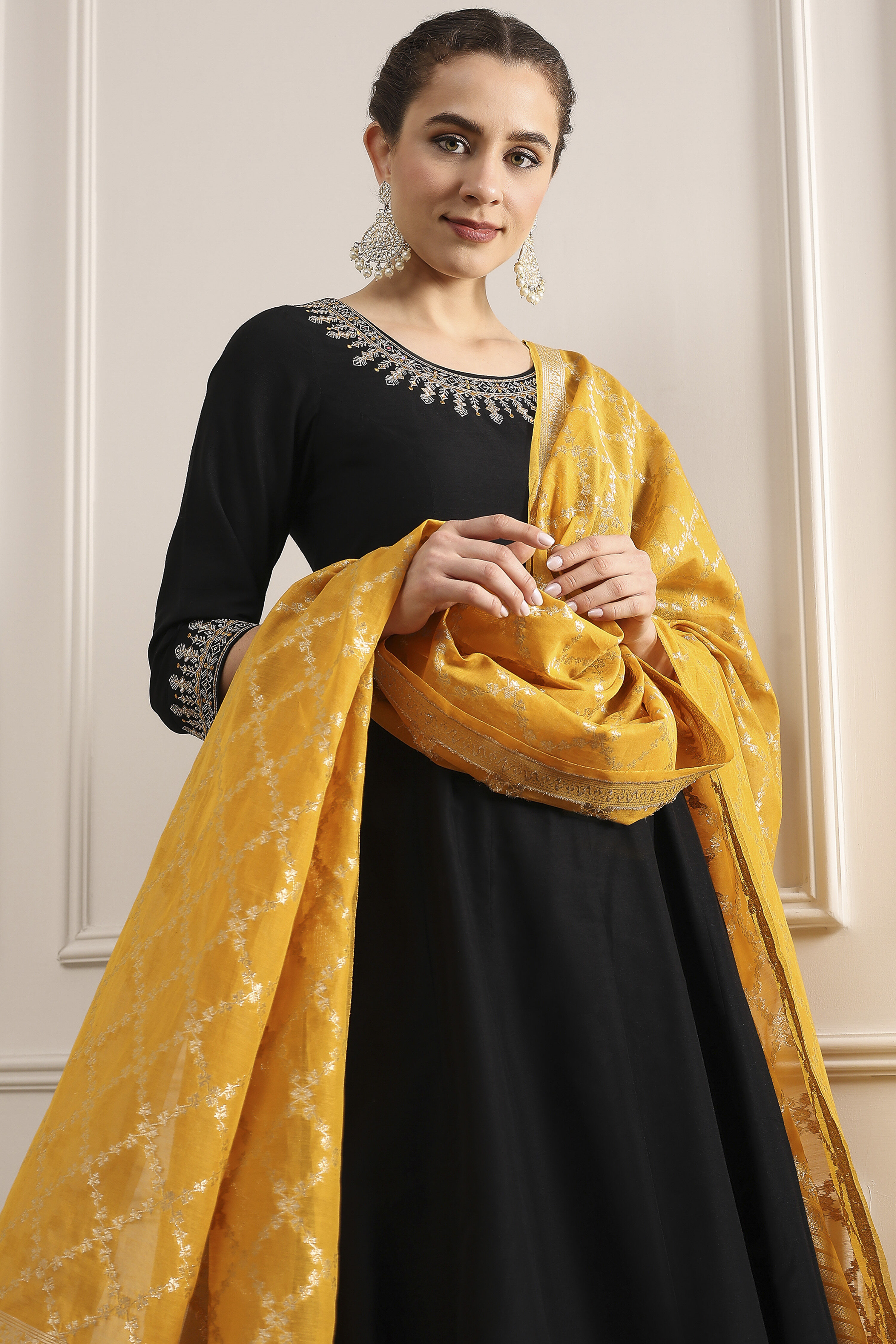 Black Solid Art Silk Anarkali Suit Set image number 0
