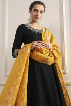 Black Solid Art Silk Anarkali Suit Set image number 0