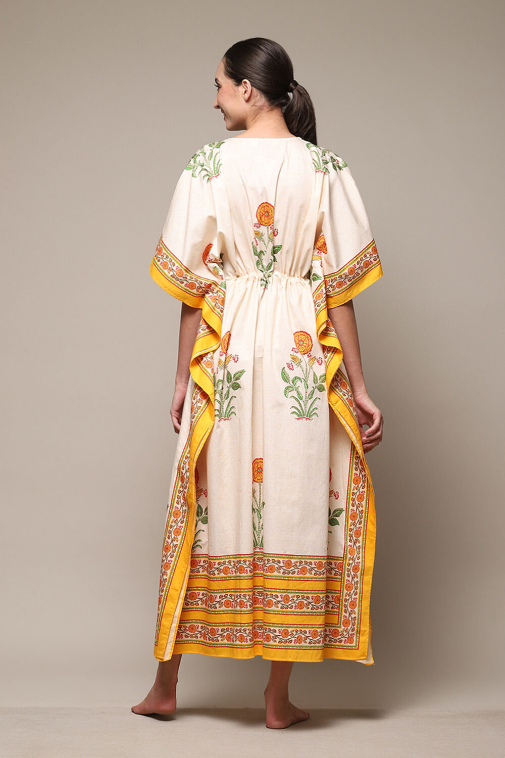 Off White & Must Cotton Printed Kaftan image number 4