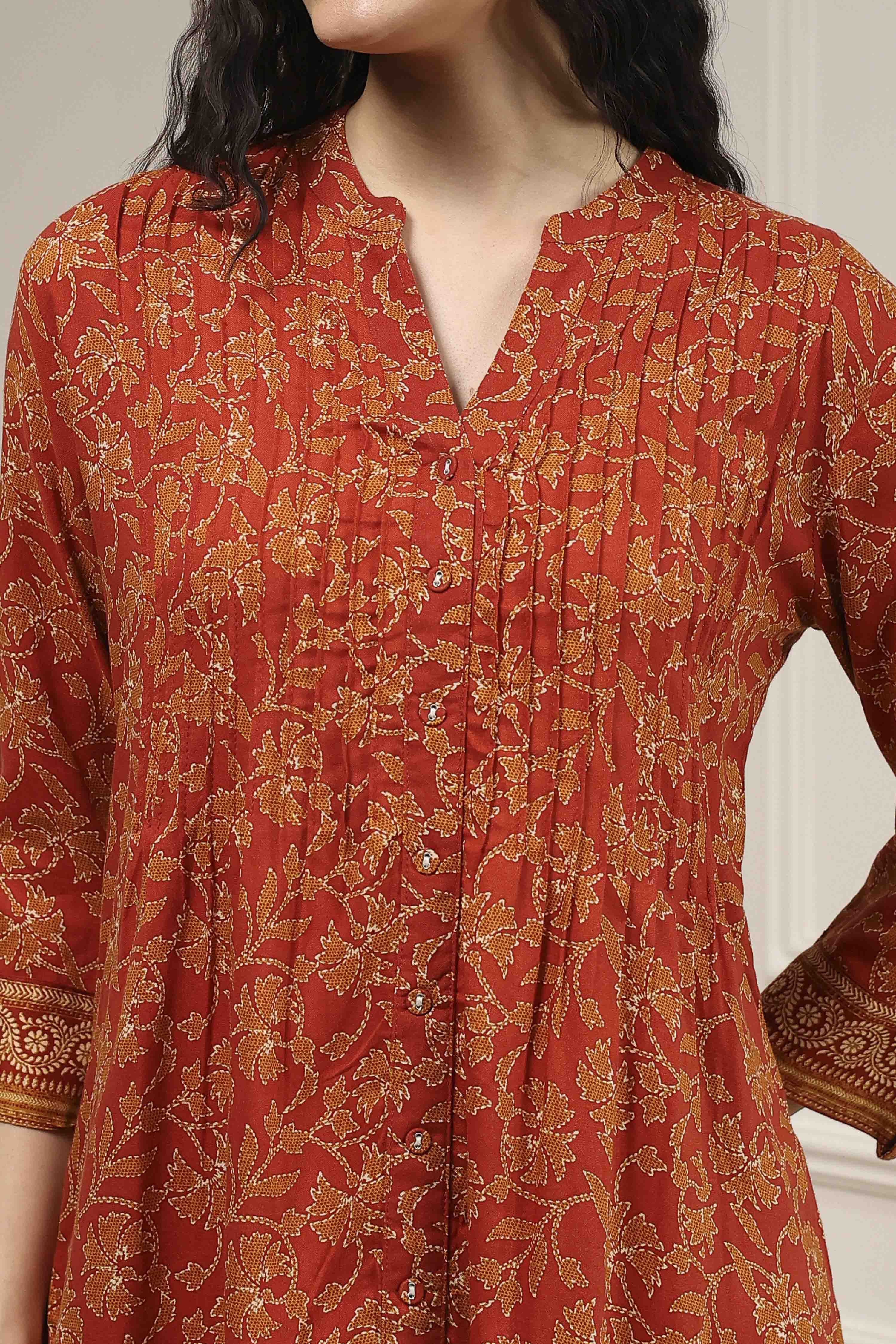 Rust Viscose Rayon Relaxed Printed Shirt image number 1