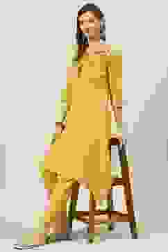 Yellow Solid Asymmetric Kurta Slim Pants Suit Set image number 0