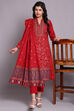 Red Woolen A-Line Kurta Slim Pant Suit Set image number 3