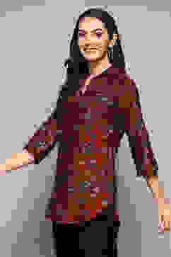 Burnt Orange Poly Viscose Straight Printed Top image number 2