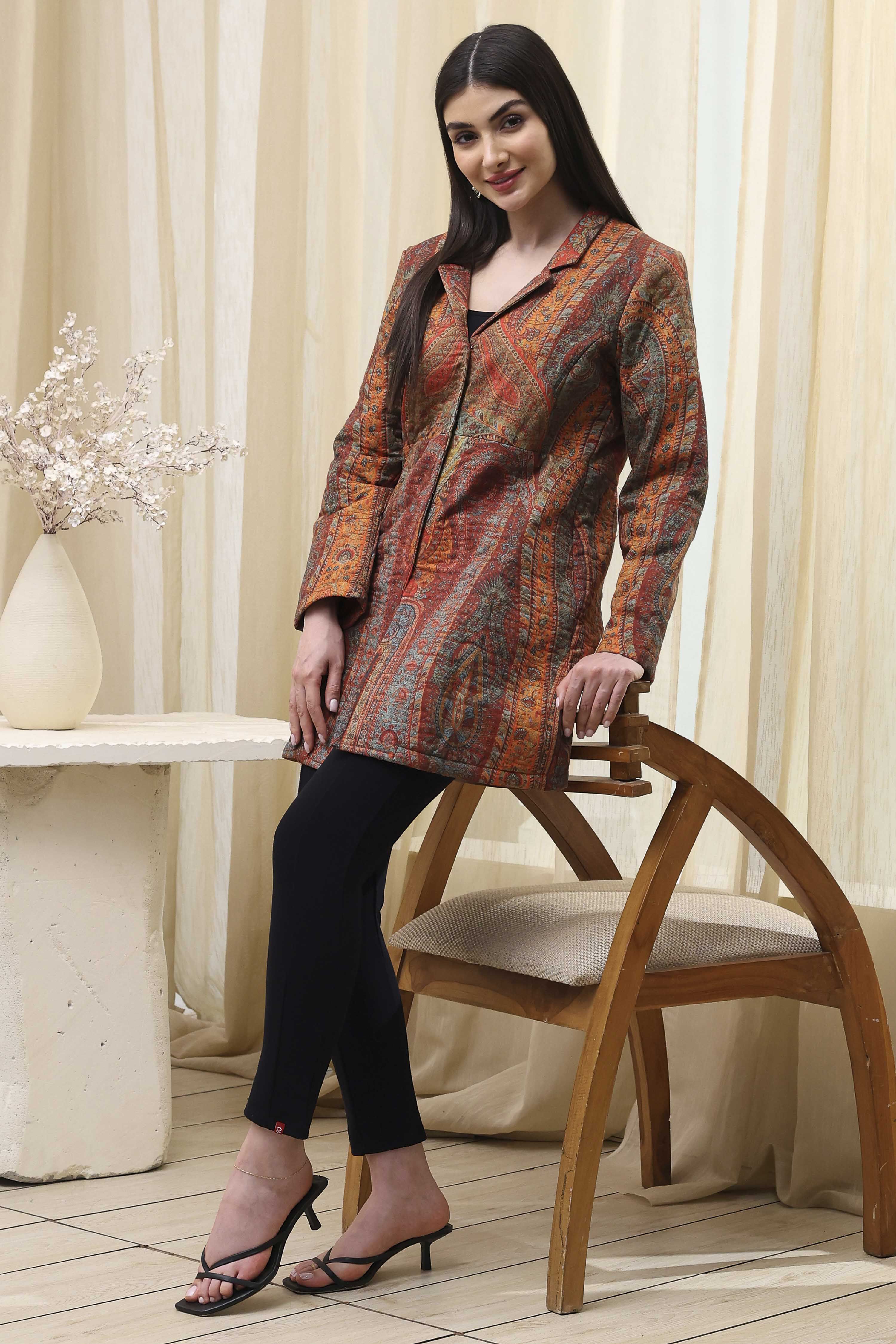Burnt Orange Rayon Straight Printed Jacket image number 0