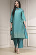 Turquoise Cotton Blend Printed Straight Suit Set image number 6