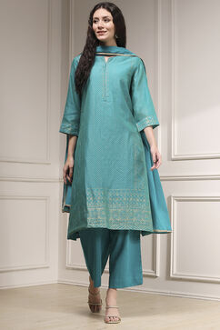 Turquoise Cotton Blend Printed Straight Suit Set image number 6