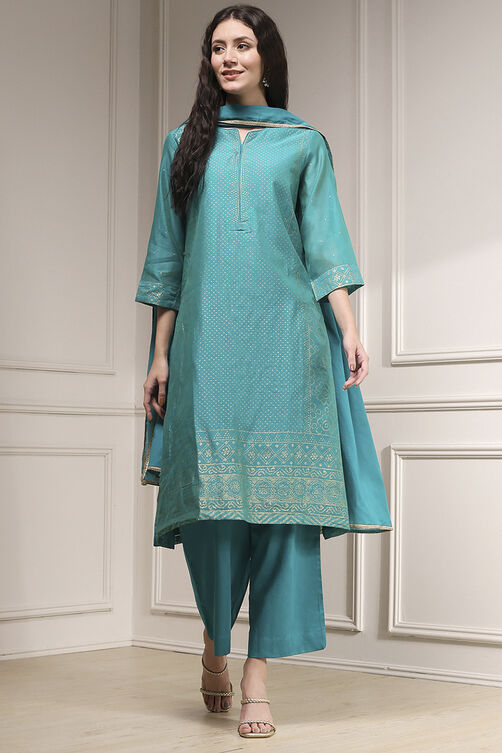 Turquoise Cotton Blend Printed Straight Suit Set image number 6