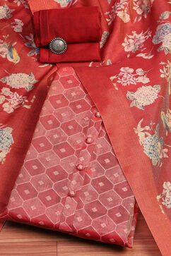 Red Linen Blend Digital Print Unstitched Suit Set image number 0
