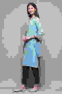 Marine Blue Printed Cotton Straight Suit Set image number 4