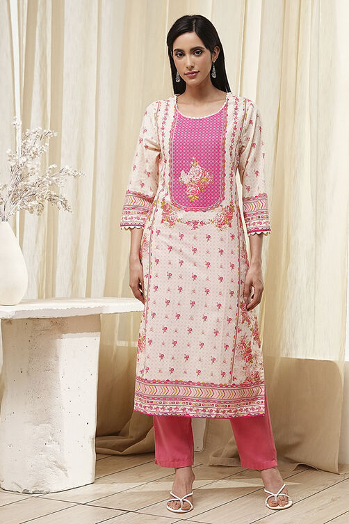 Pink Cotton Printed Straight Kurta image number 5