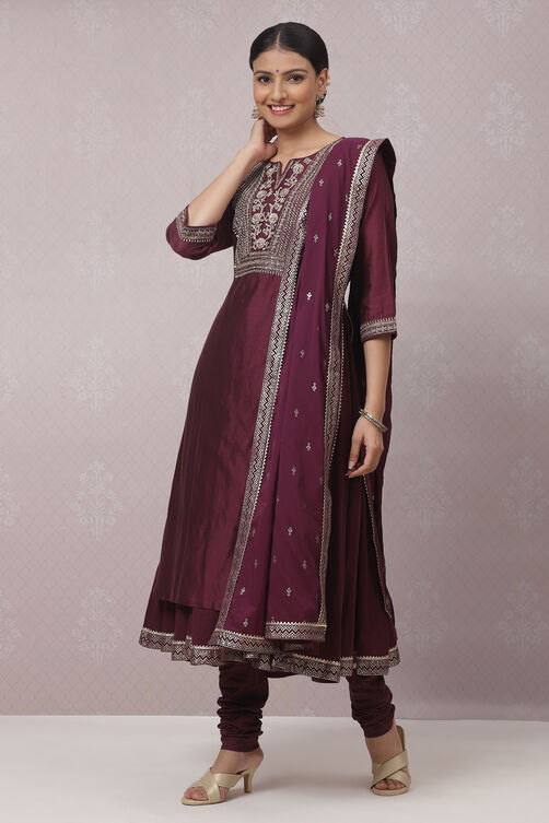 Wine Cotton Silk Flared Kurta Churidar Suit Set image number 8