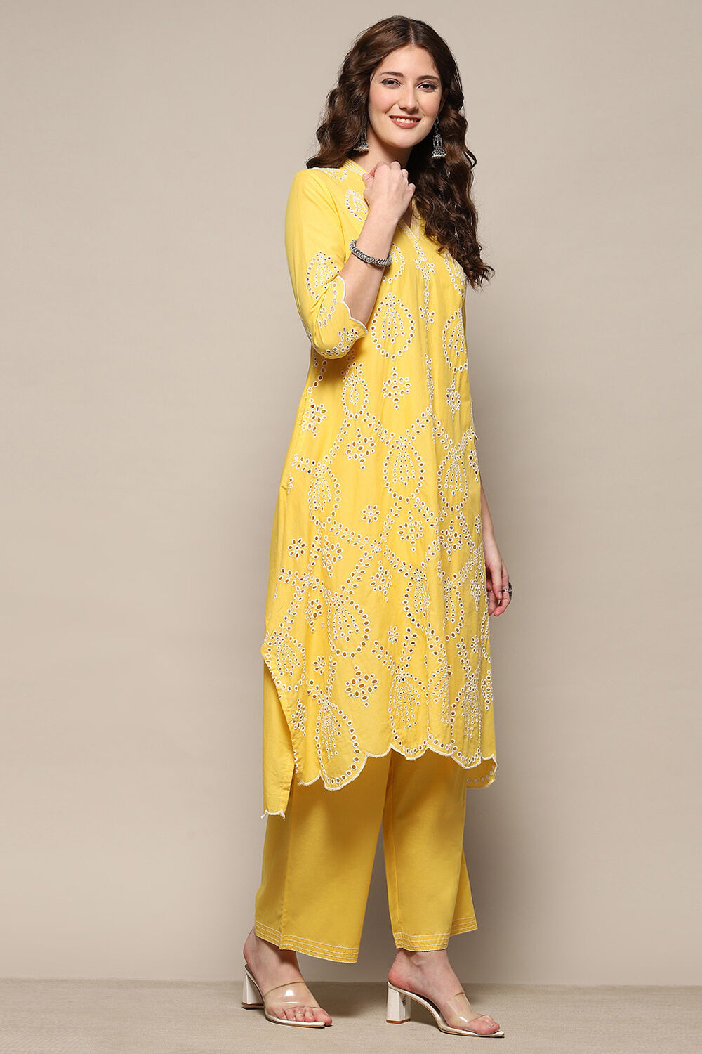 Yellow Cotton Schiffli Kurta & Palazzo Suit Set image number 5