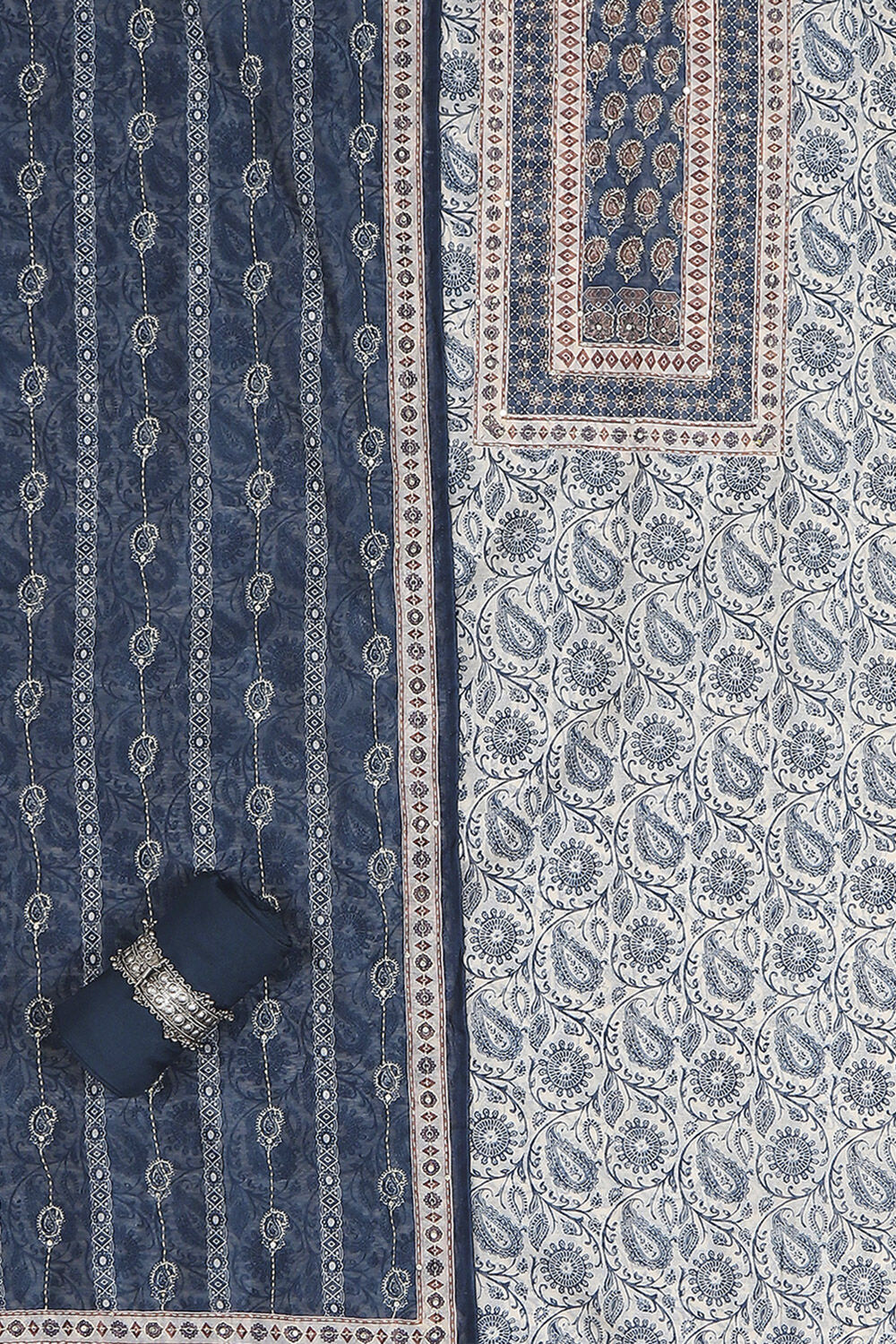 Navy Blue Chanderi Hand Embroidered Unstitched Suit Set image number 1