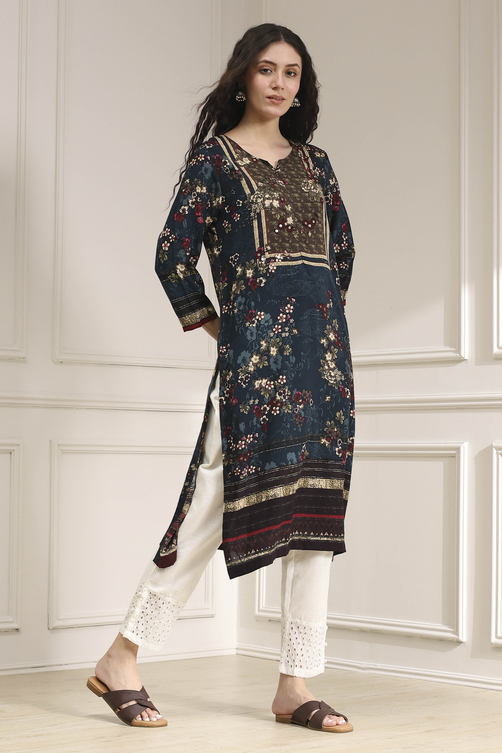 Brown Floral Printed Straight Kurta image number 4