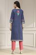 Indigo Blue Cotton Printed Straight Kurta image number 4