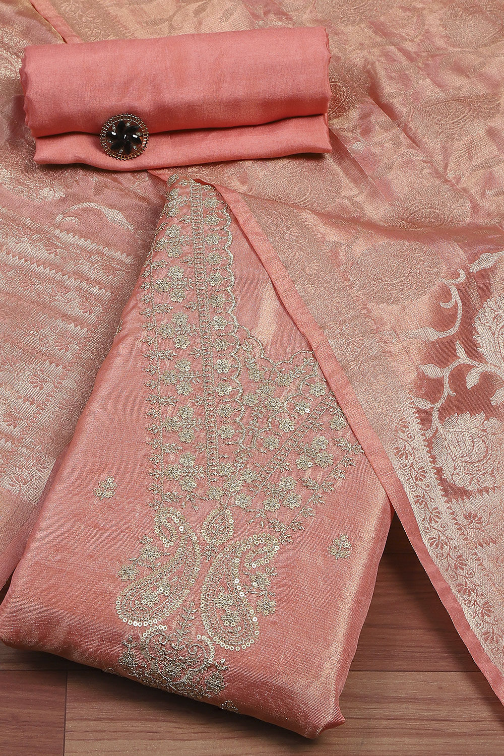 Green Tissue Machine Embroidered Unstitched Suit Set image number 0