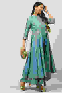 Blue Cotton Flared Fusion Printed Kurta Dress image number 5