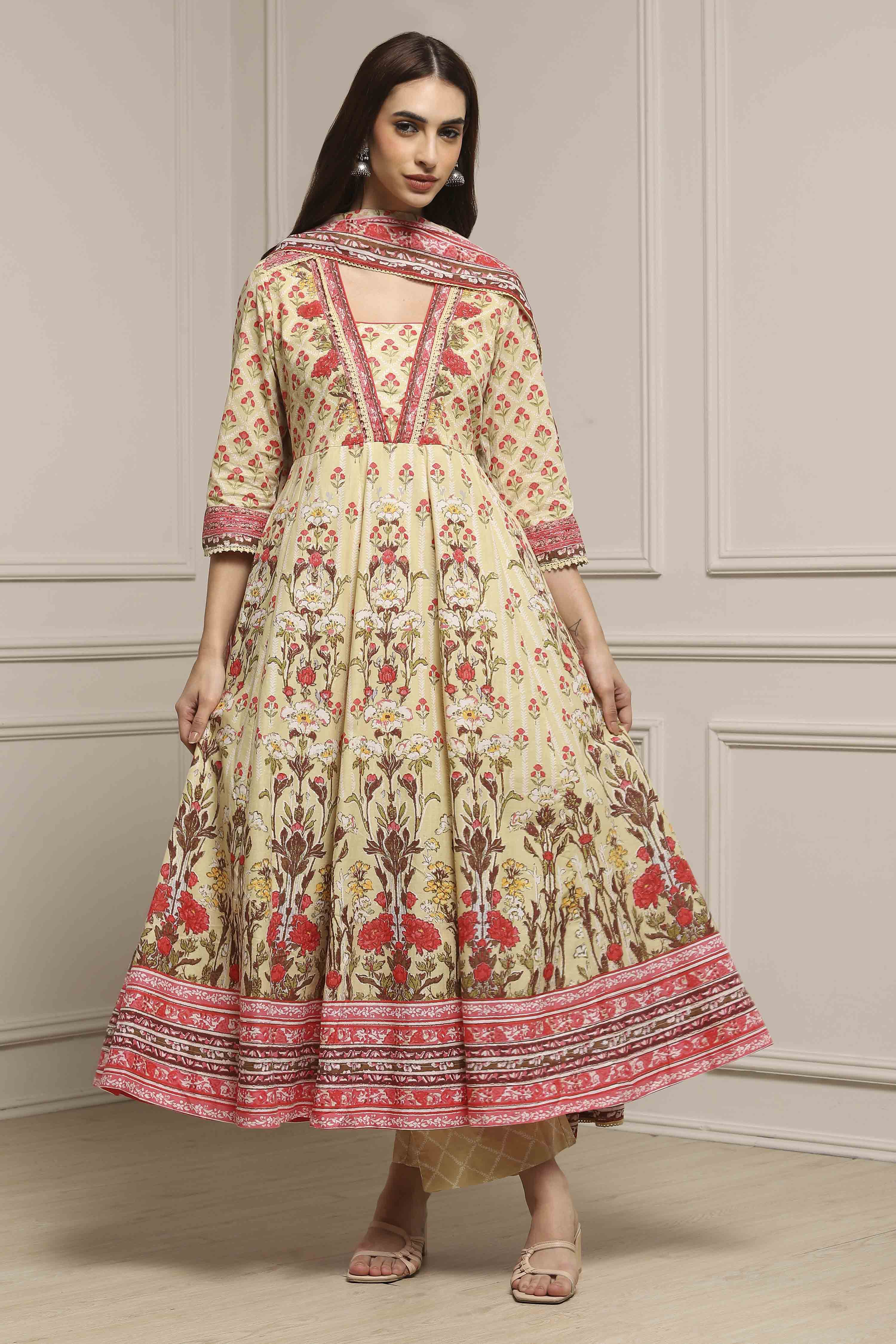 Off-White and Pink Cotton Printed Anarkali Suit Set image number 6