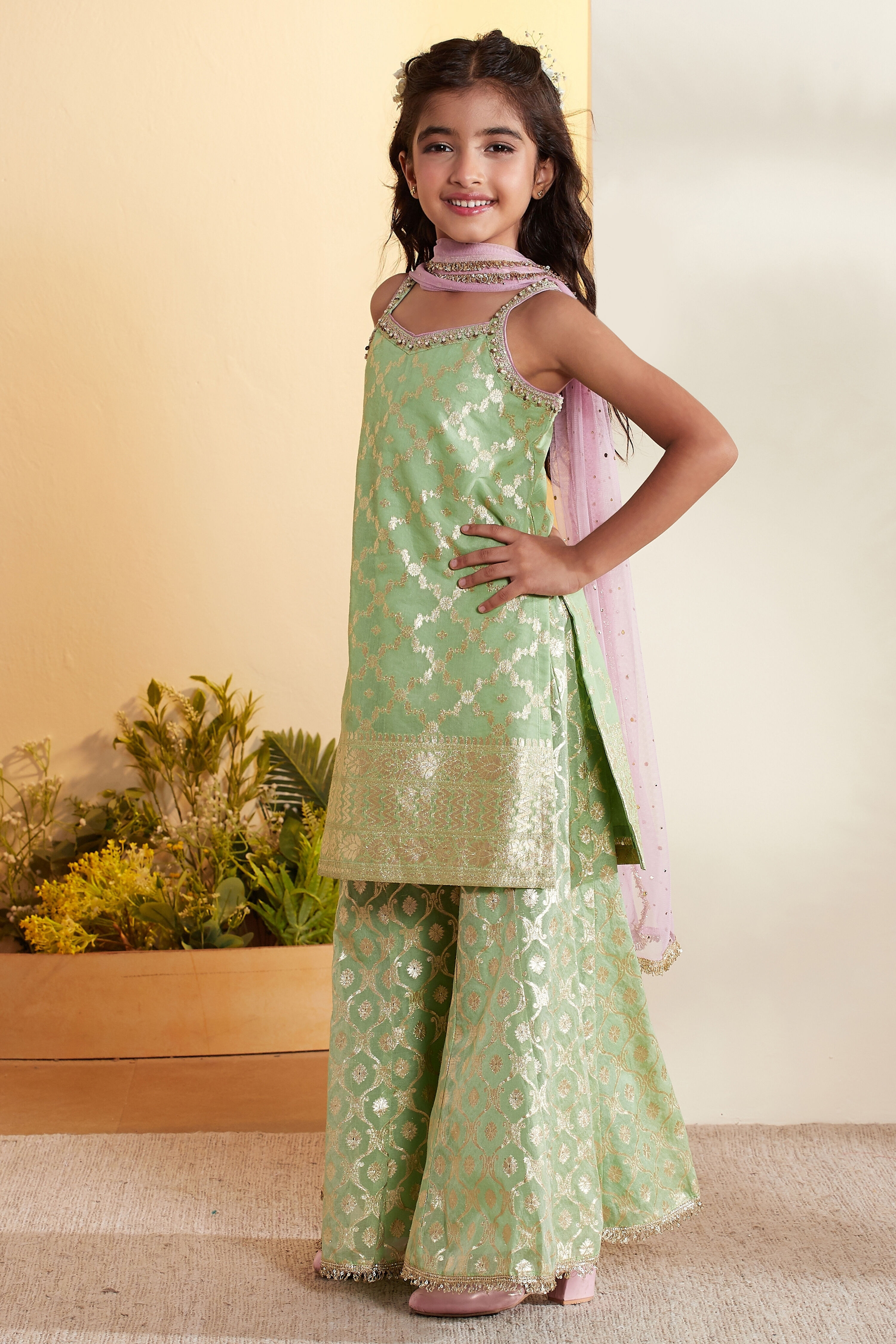 Sage Green Printed Sharara Kurta Set image number 3