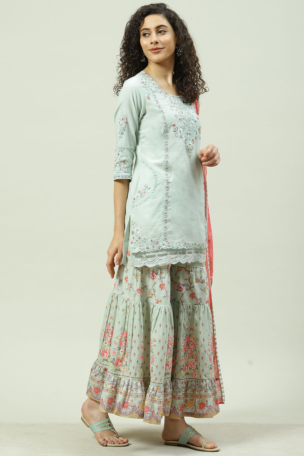 Pista Green Relaxed Kurta Garara Suit Set image number 6