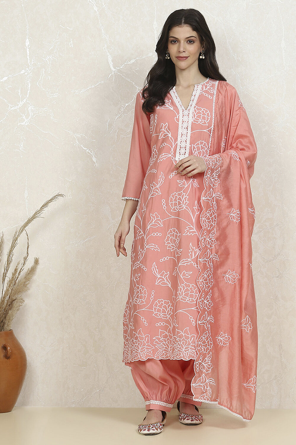 Peach-Pink Modal Machine Embroidered Unstitched Suit Set image number 7