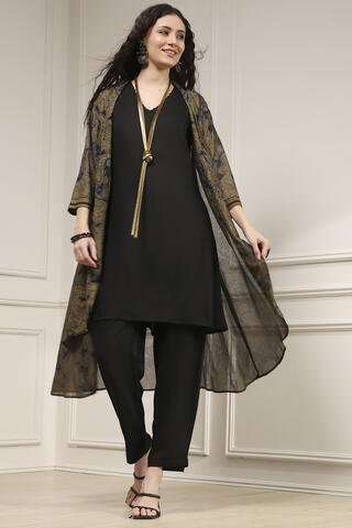 BIBA Black Viscose Rayon Straight Fusion Set in Black