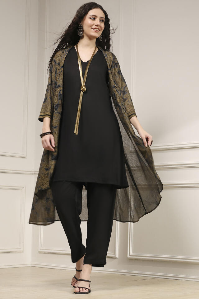 BIBA Black Viscose Rayon Straight Fusion Set in Black