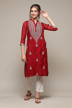Green & Maroon Polyester Straight Yarndyed Kurta image number 0