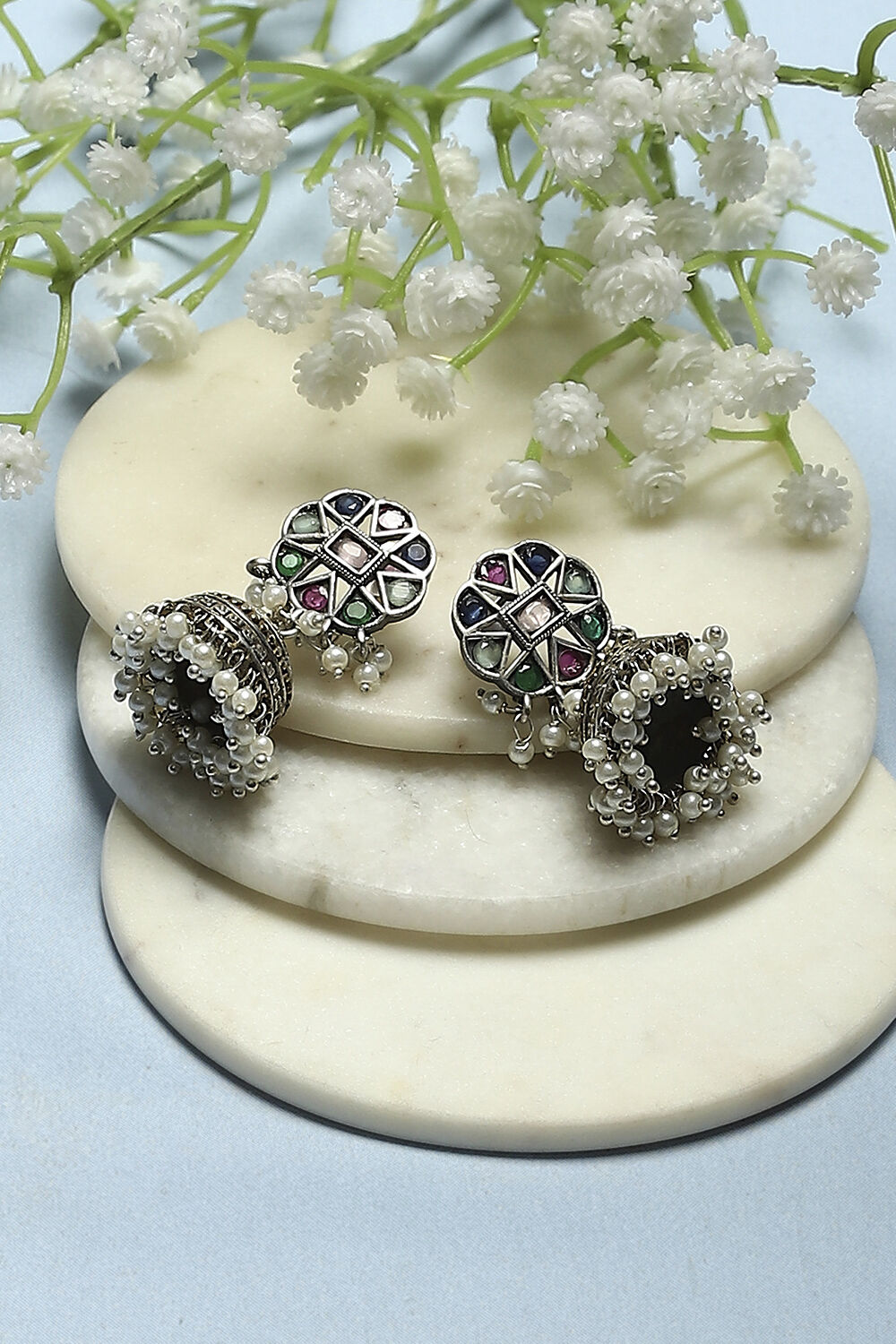 Multi-coloured Oxidised Navratan Jhumkas image number 0