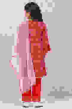 Red Rayon Front Open Kurta Regular Pants Suit Set image number 4