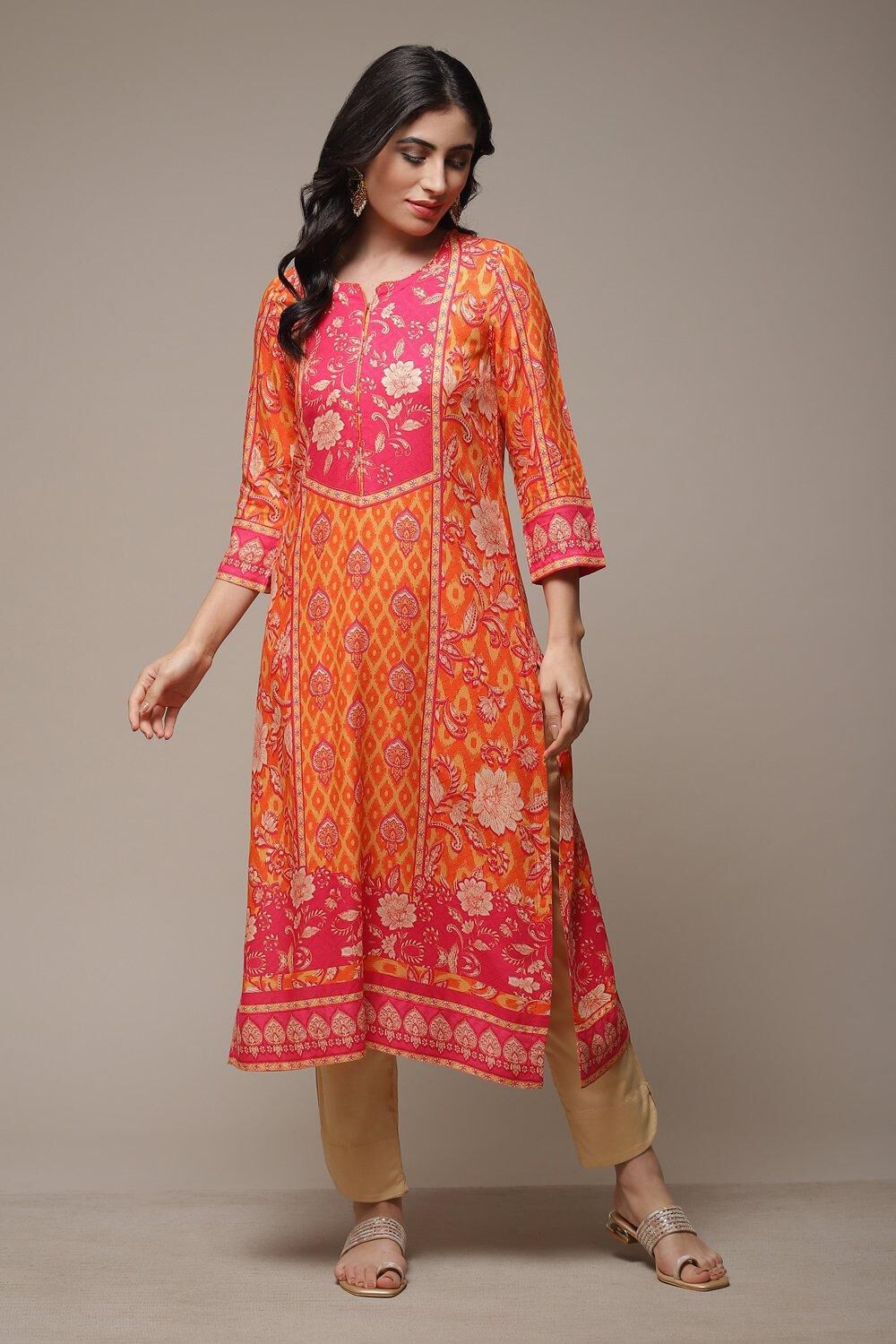 Orange LIVA Straight Printed Kurta image number 0