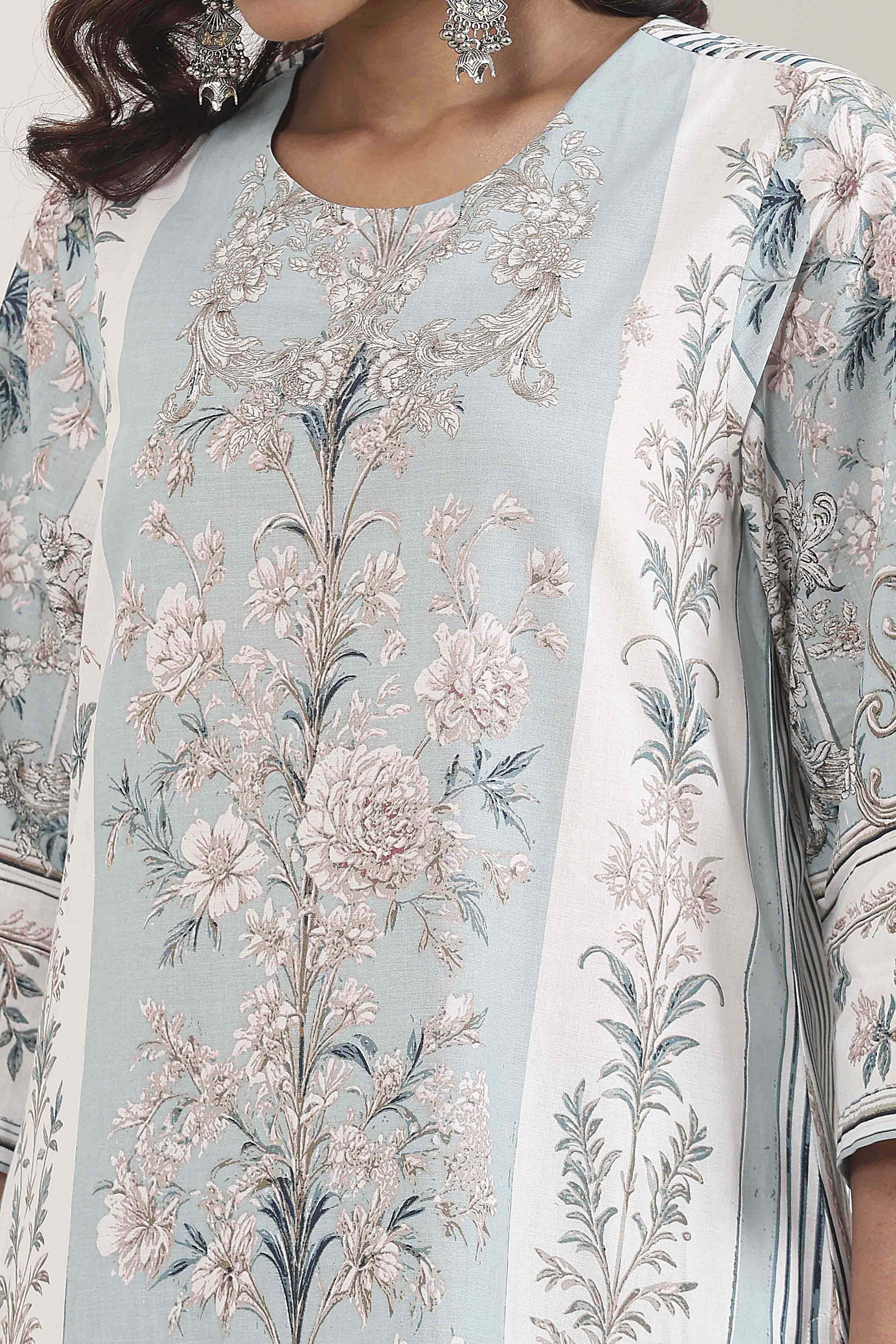 Khaki Green Cotton Floral Printed Straight Suit Set image number 1