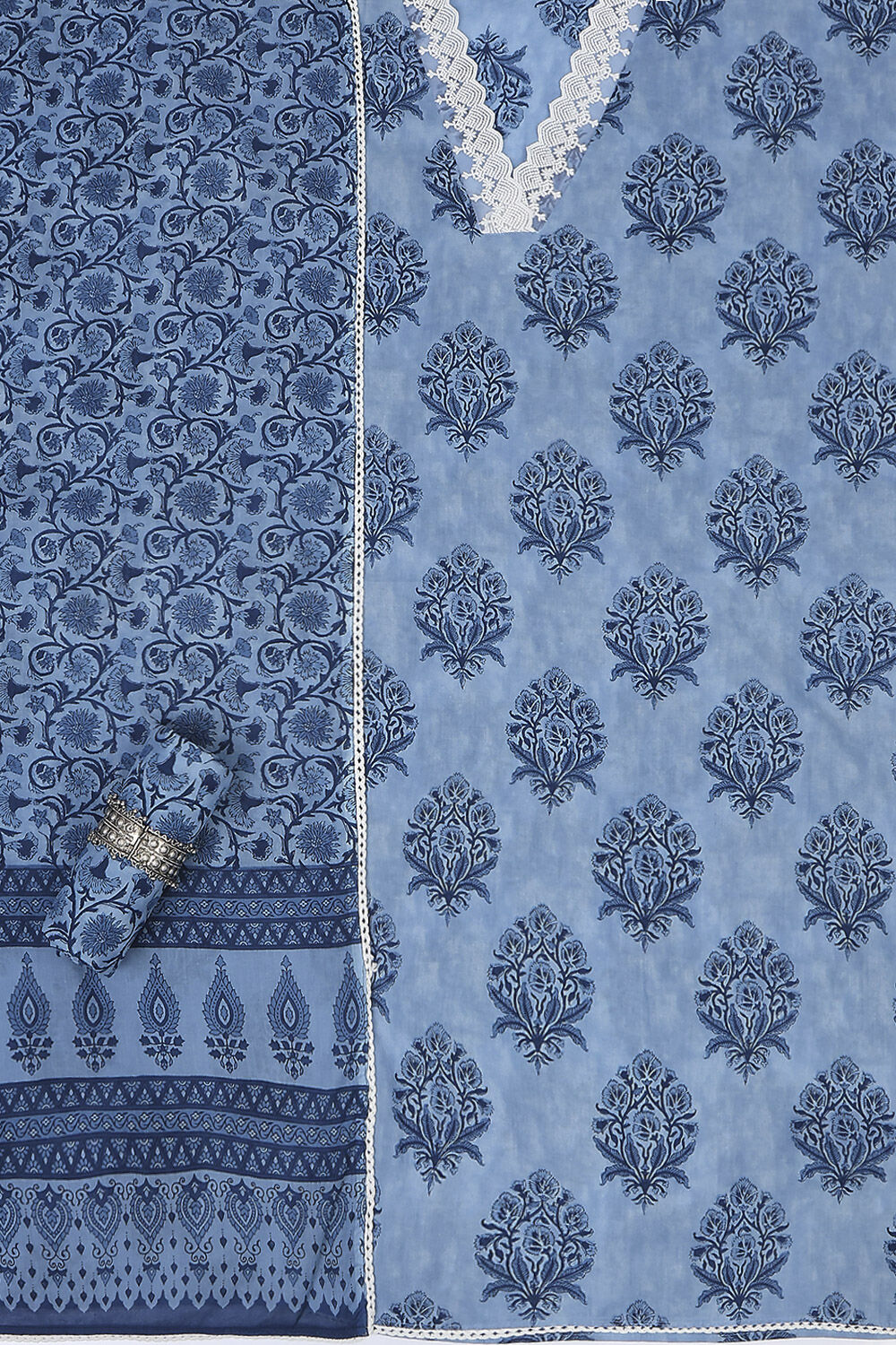 Indigo Cotton Screen Print Unstitched Suit Set image number 1