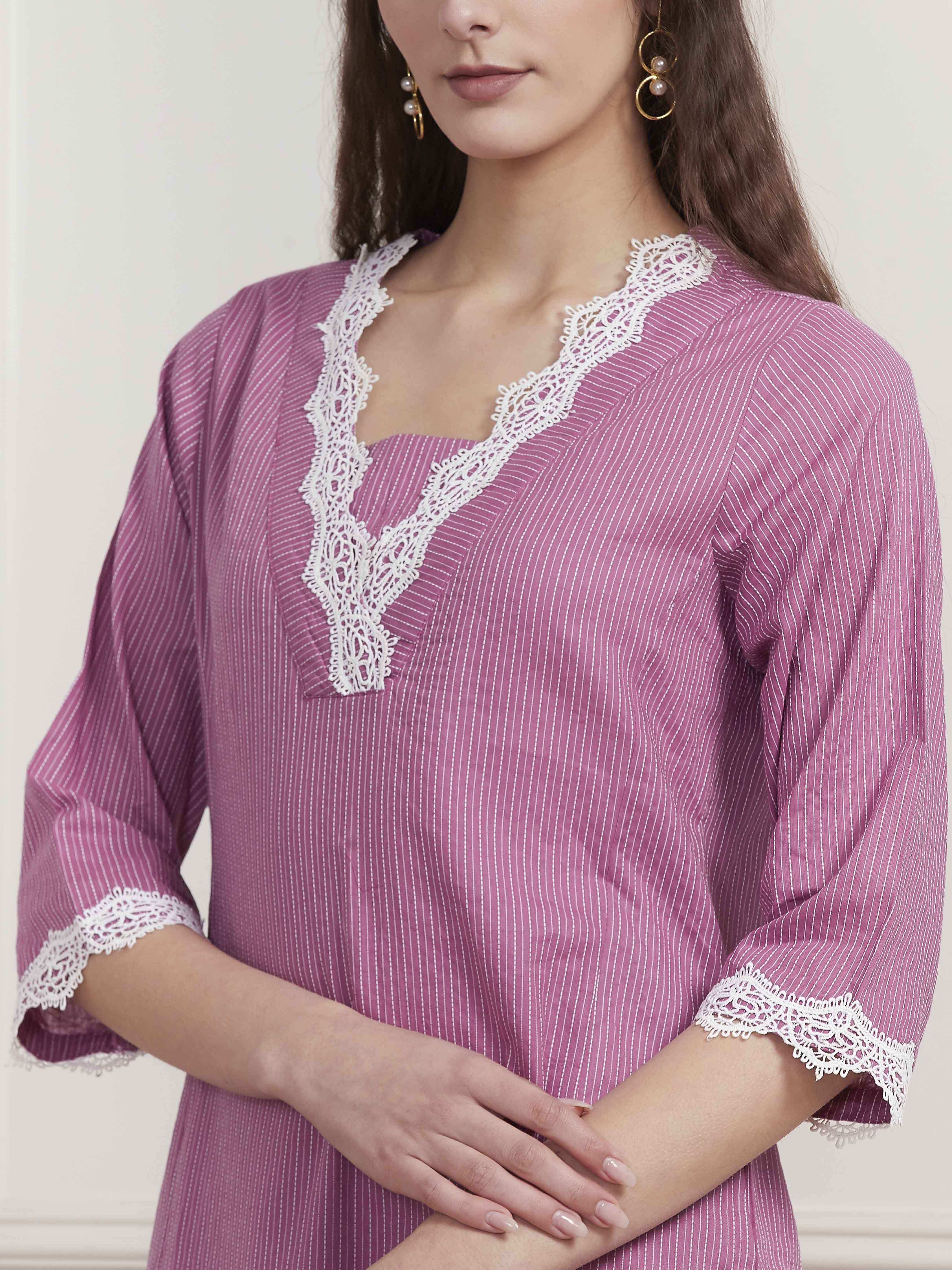 Purple Printed Yarn-Dyed Straight Kurta image number 1