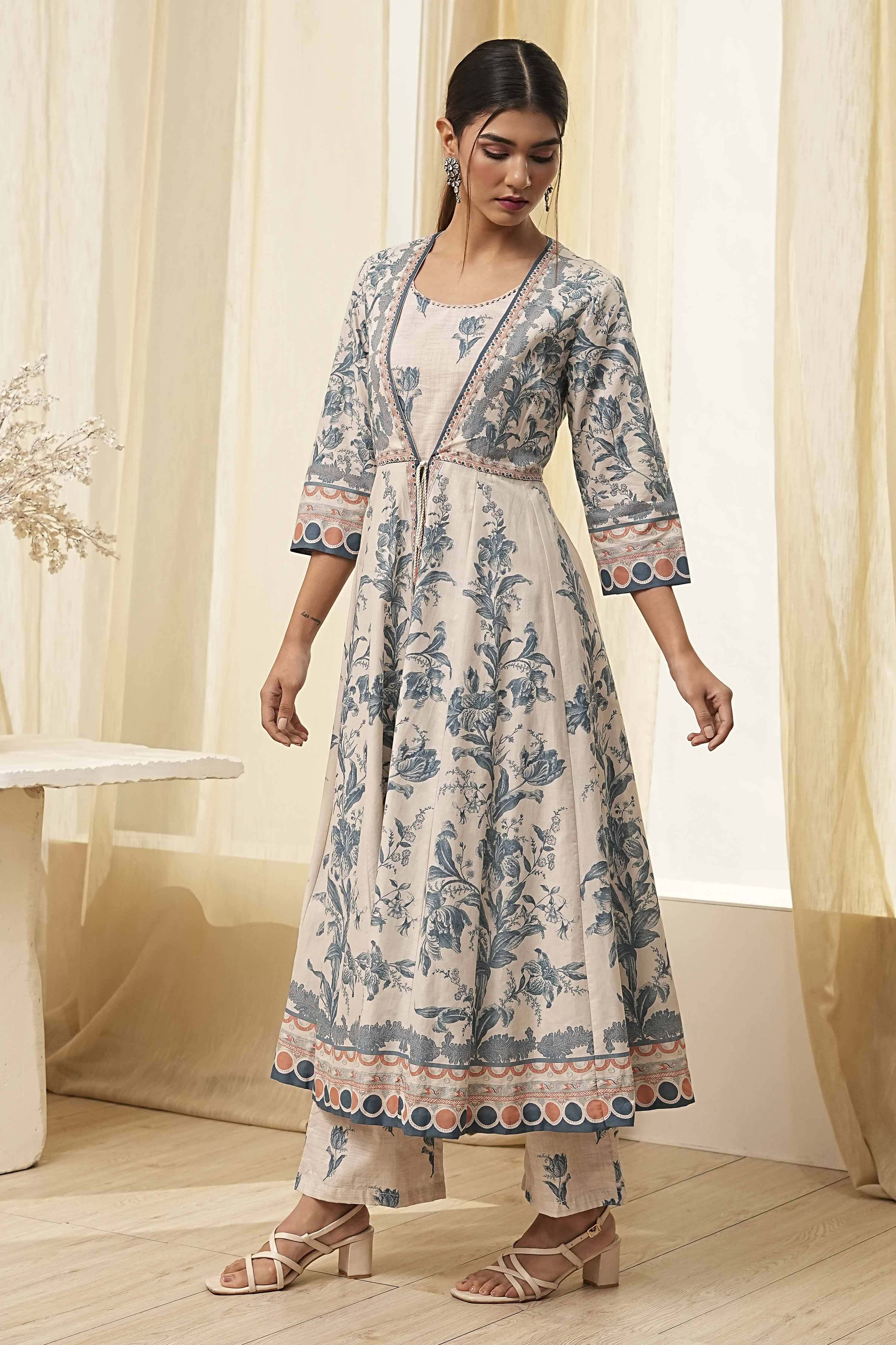 Beige and Blue Printed Front Open Kurta Set image number 3