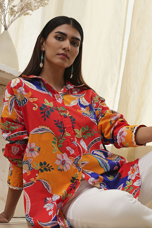 Orange Cotton Floral High-Low Shirt image number 0