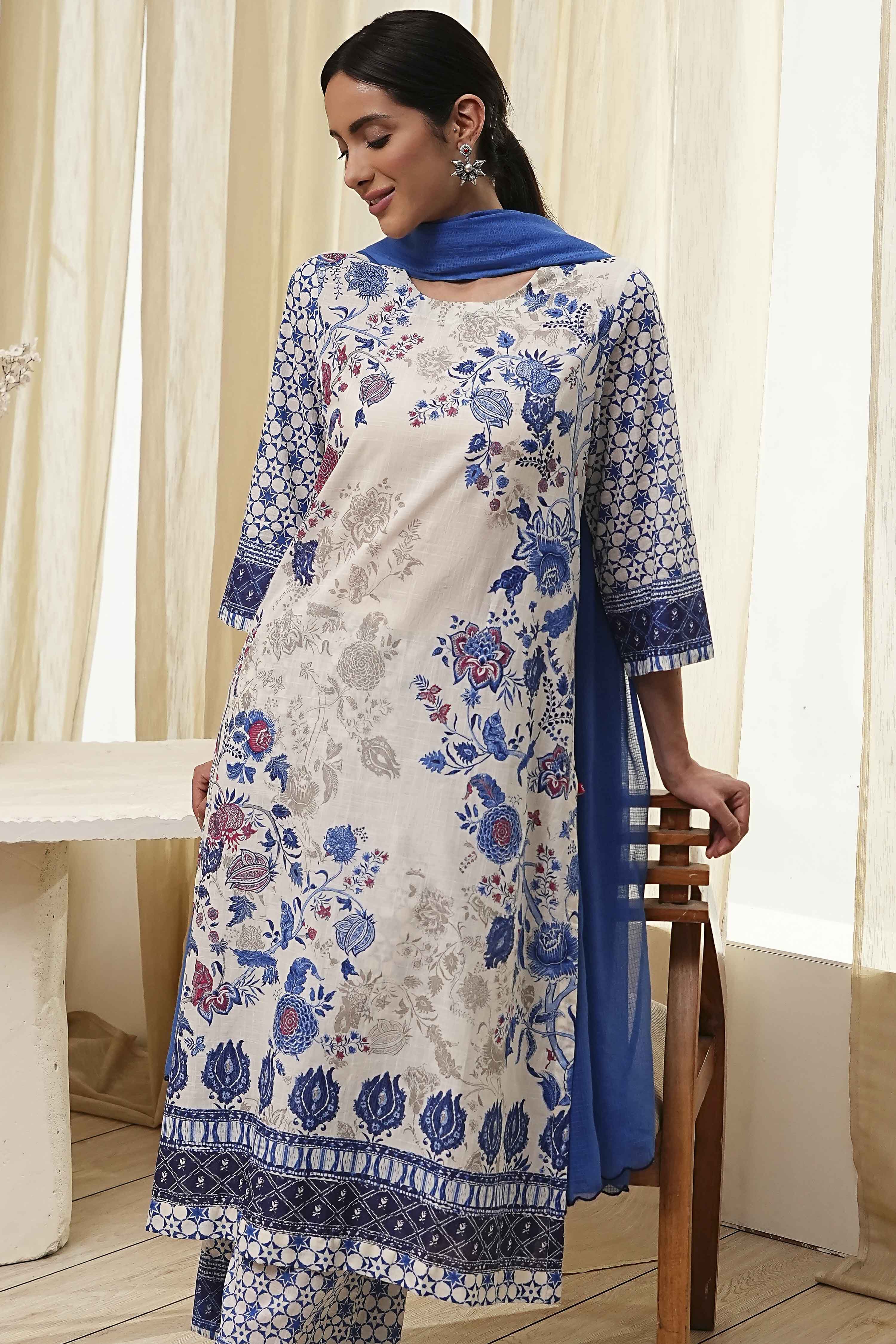 Off-White and Blue Cotton Straight Suit Set image number 6