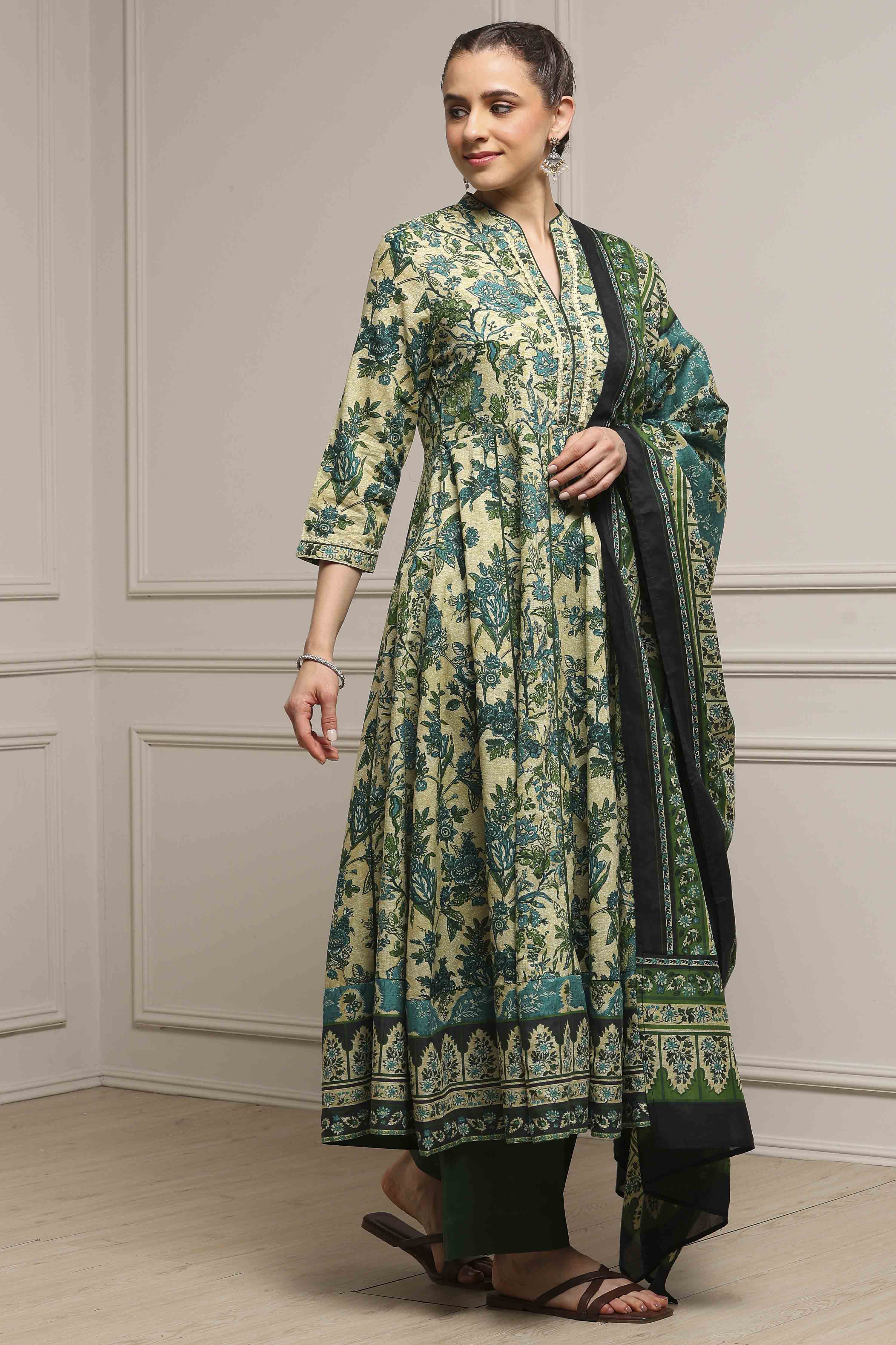 Beige and Green Cotton Printed Anarkali Suit Set image number 5