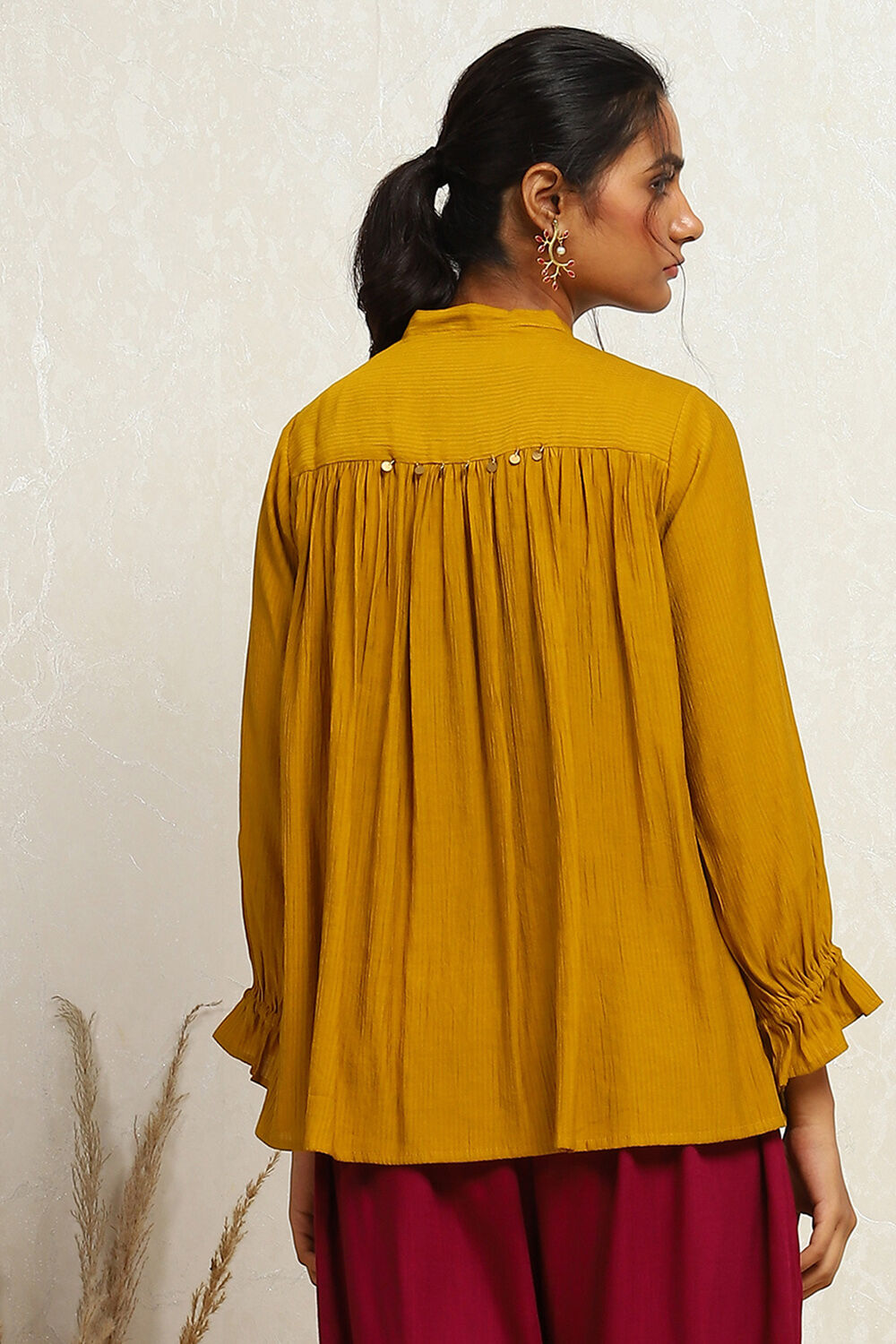 Mustard Yellow Embroidered A-Line Kurti image number 3