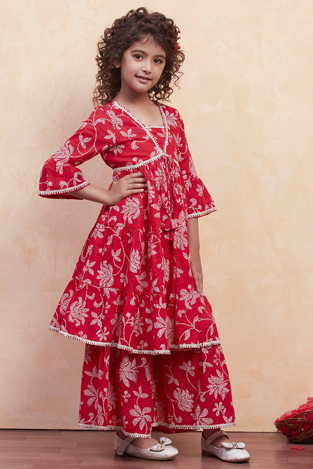 Red Cotton Printed Tiered Kurta Set image number 5